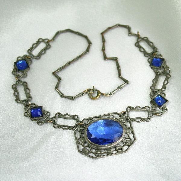 Art Deco Necklace Czech Silvertone Filigree Sapphire Glass Cabochon Jewelry
