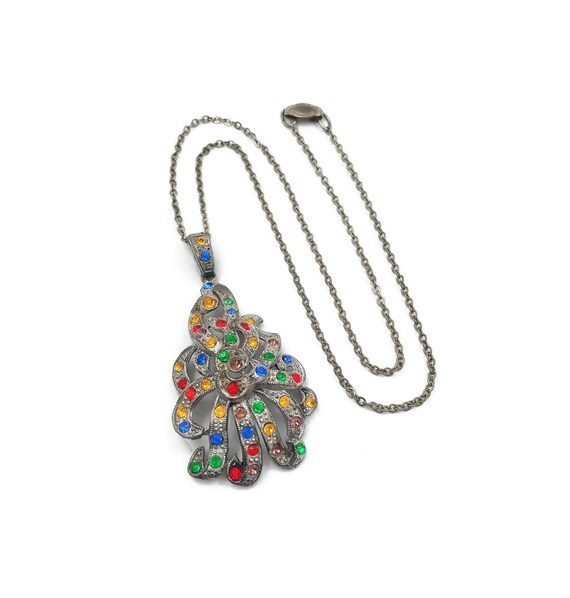 Art Deco Silver Pot Metal Rhinestone Necklace, Pas