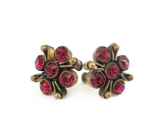 Art Deco Red Rhinestone Gold Tone Earrings, Czech… - image 3