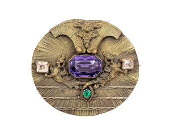 RESERVED.... Art Nouveau Dragon Gargoyle Faceted Glass Brooch, George Steere Company, Gold Tone, Large Sash Pin, Antique Brooch, Early 1900s