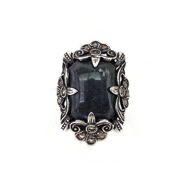 Art Deco Sterling Silver Marcasite Obsidian Ring, Vintage 1930s, Rings for Women, Size 5.75