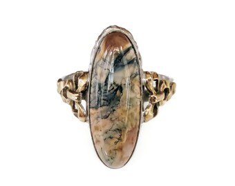 Sterling 10K Gold Filled Moss Agate Ring, Clark and Coombs, Art Deco Jewelry, Dendritic Agate Ring, Vintage 1930s 1940s, Rings Size 6.5