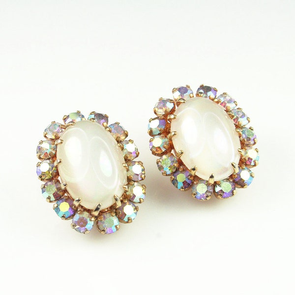 Vintage Earrings Austria Aurora Borealis Rhinestone Faux Moonstone 1950s Jewelry