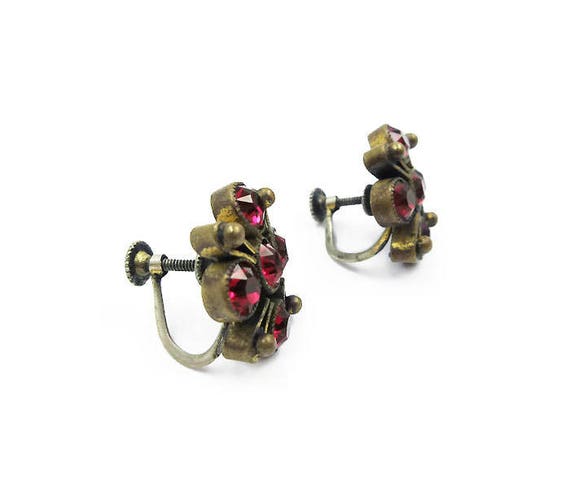 Art Deco Red Rhinestone Gold Tone Earrings, Czech… - image 2