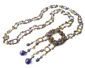 Art Deco Necklace, Czech Glass, Czechoslovakia, Purple Beads, Faux Pearl, Gold Metal, Greek Key, Long Sautoir, Antique Jewelry