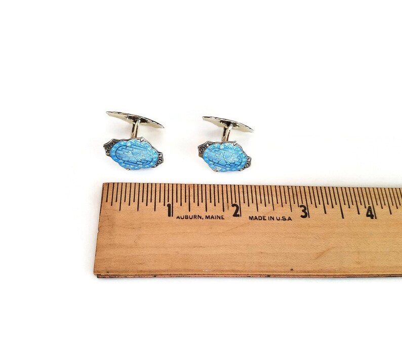 Vintage 1920s 1930s H Ostrem Double Sided Light Aqua Blue C Vermeil Gold Plated Antique Norway Sterling Guilloche Enamel Cufflinks