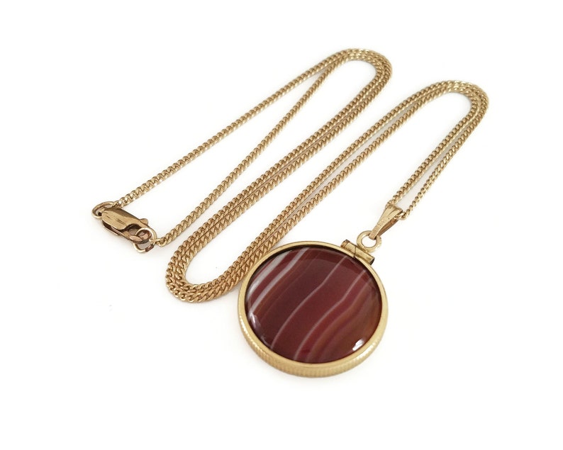14K Gold Filled United States Army Pendant Necklace Banded Agate Dual Sided Vintage 1960s 1970s