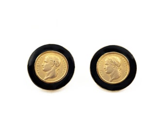 Les Bernard Black Enamel Gold Coin Earrings, Vintage 1960s 1970s, Designer Jewelry, Runway Couture, Statement Earrings