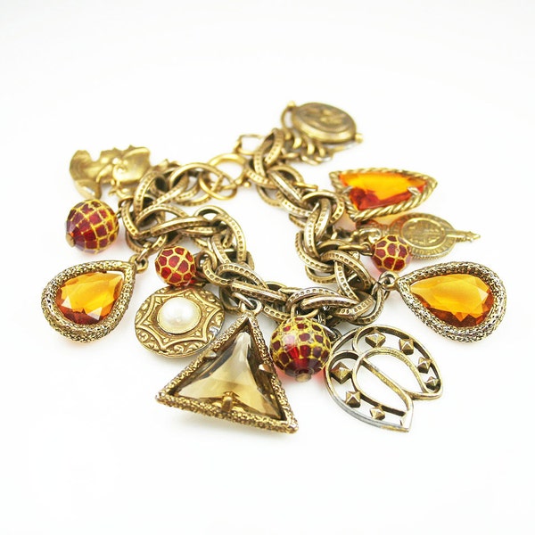 Vintage Charm Bracelet Germany Amber Glass Pearl Intaglio Statement Jewelry