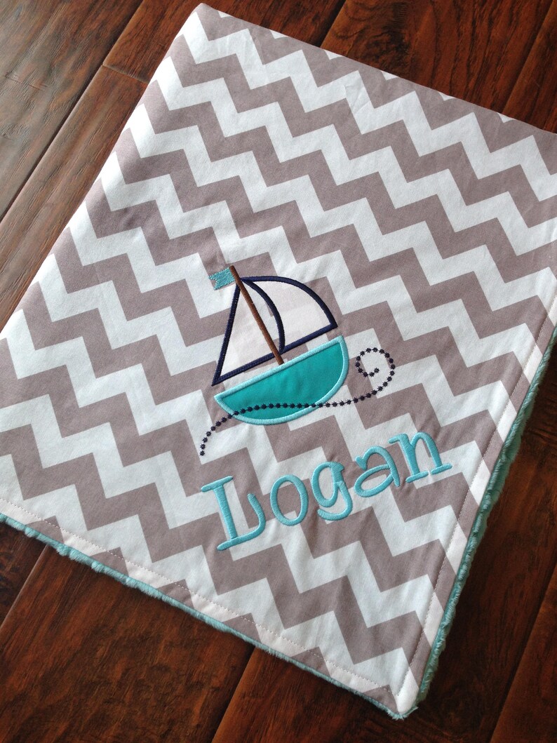 Minky Baby Blanket Sailboat Baby Blanket Nautical Nursery Blanket Chevron Minky Blanket