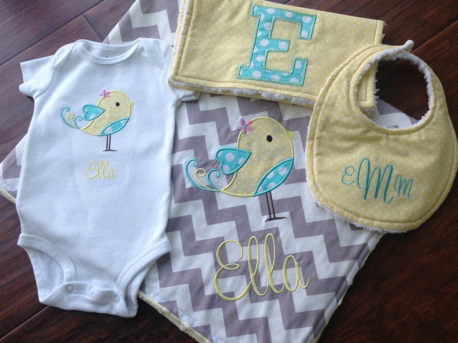 Personalized Layette Set Blanket Bib Burp Cloth Bodysuit Etsy