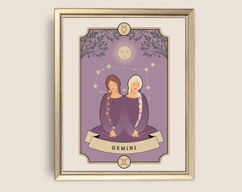 Puede incluir: Una carta de tarot ilustrada de color morado y dorado con el signo zodiacal Géminis. La carta presenta a dos mujeres con cabello largo sentadas una al lado de la otra. La carta tiene un marco dorado y el texto "GEMINI" está impreso en la carta.