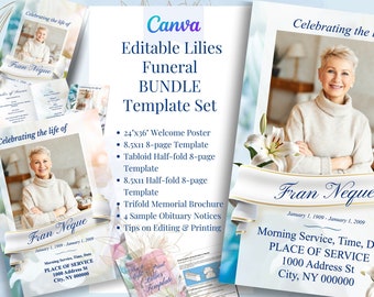 Editable Lilies Template Bundle, Welcome Poster, 8-pg Editable Funeral, Memorial Service, Obituary, Celebration life Printable Program CANVA