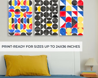 Bauhaus Aquarell Kunst 3er Set: Abstrakte geometrische Prints (Digitaler Download) + 2 Bonus Prints
