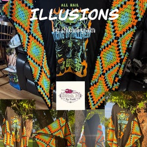 May include: A black t-shirt with a Halloween graphic, paired with a vibrant, crocheted shawl. The shawl features a diamond pattern in orange, turquoise, and black. The text "DIAMOND ILLUSIONS" is displayed above the shirt.