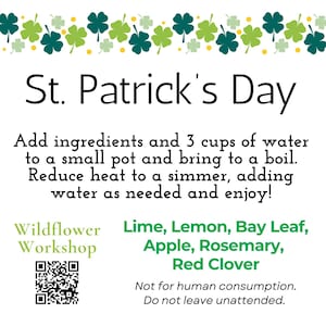 Könnte beinhalten: Eine weiße Karte mit dem Text "St. Patrick's Day" und Anweisungen für ein Rezept. Die Karte enthält einen Kleeblatt-Rand und listet Zutaten wie Limette, Zitrone und Rotklee auf. Das Wildflower Workshop-Logo ist ebenfalls vorhanden.
