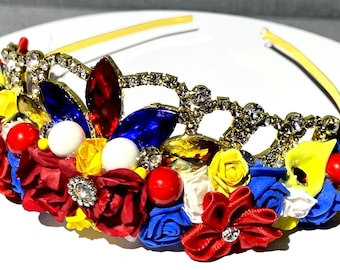 Snow White Tiara for Girls & Adults – Red and Gold Princess Crown with Rhinestones – Disney Cosplay, Dress Up, or Park Wear