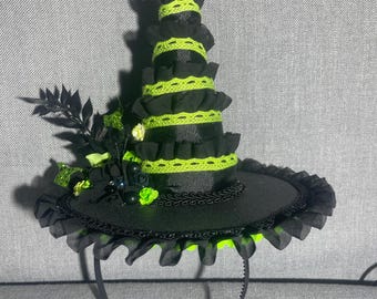 Elphaba-Inspired Witch Hat Headband | Mini Halloween Hat | Wicked Witch Cosplay Accessory | Handmade Green & Black Ruffle Witch Hat