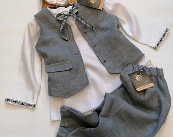 White Linen Shirt, Gray Linen Vest, and Linen Pants