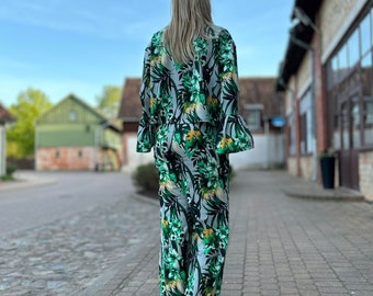 floral green jacket and floral women's pants