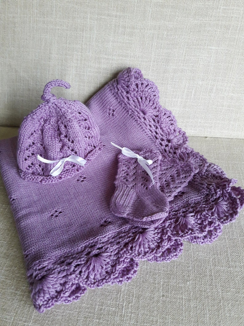 Take me home outfit Baby shower gift Newborn blanket Crochet blanket Purple blanket Lace blanket Baby Blanket Knitted Baby Blanket