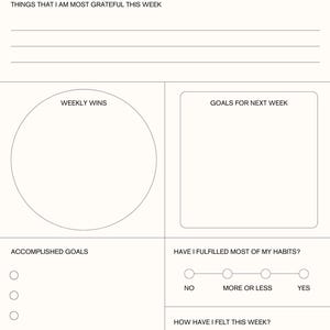 May include: A printable weekly reflection planner with sections for gratitude, wins, goals, accomplished goals, habits, and mood. The planner includes a circle for weekly wins and a box for goals for next week. The planner also includes a scale for rating accomplished goals, habits, and mood.