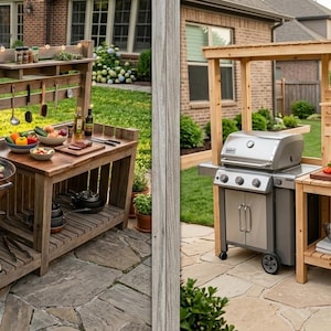 May include: Two wooden outdoor grilling stations. One features a charcoal grill with food, the other a stainless steel gas grill. Both have shelves for storage and food preparation, with hanging utensils.