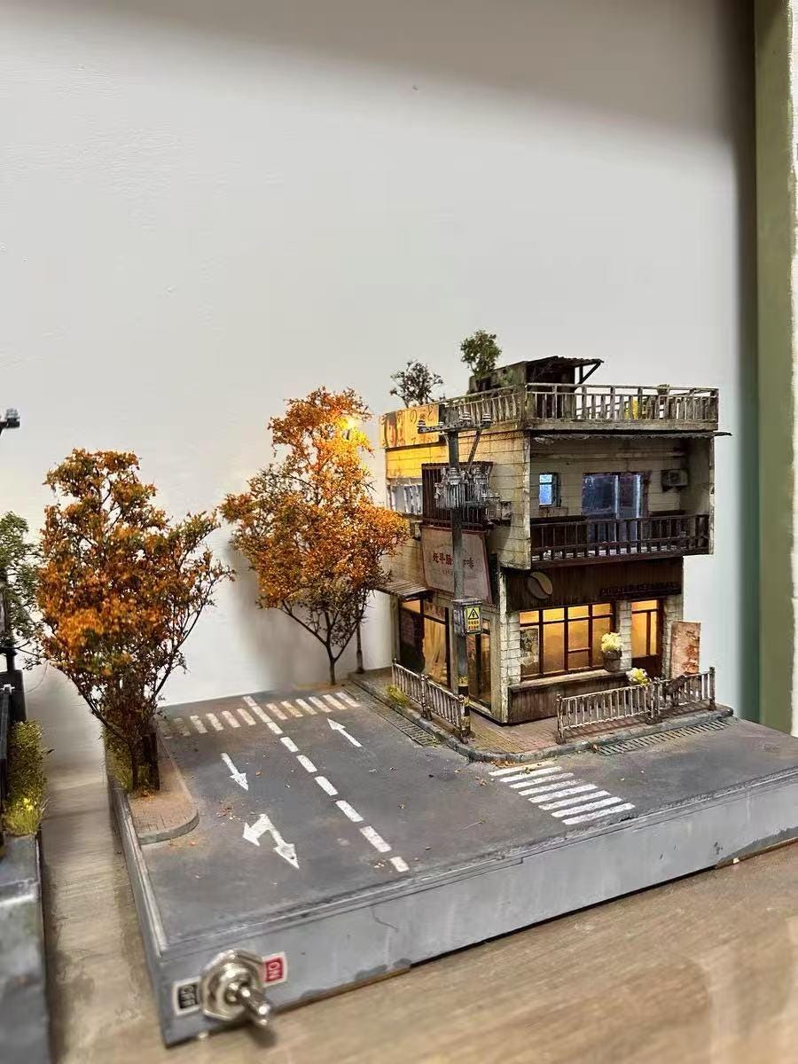 DIY Japanese Street Corner Diorama Kit | 1:64 Scale Miniature Urban Scene | Handmade Building, Rooftop Garden & Accessories | Hobbyist Gift