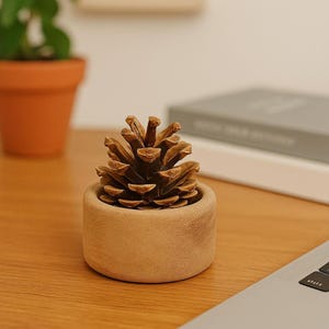 May include: A detailed pinecone, in shades of brown, is displayed in a small, cylindrical, light brown pot. The pot has a natural, textured finish. The items are on a wooden surface. The background is blurred, with a hint of a plant pot.