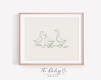Dibujo de gansos, arte minimalista de guardería de estilo rústico, impresión divertida de ganso para habitación infantil - Descarga imprimible vintage de estilo cottagecore verde