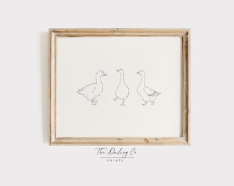 Geese Sketch Print-Silly Goose Animal Print for Kids Room, Neutral Farmhouse Wall Art, Minimal Vintage Nursery Wall Decor Printable DOWNLOAD