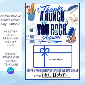 Administrative Professionals Day,  Administrative Professionals Gift, Editable gift card holder, Thank You Gift, Printable Gift Card