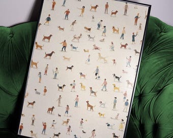Minimalist Tiny People & Dog Art Print, Dog Wall Art, Minimalist Tiny People Poster, Kids Room Decor, Whimsical and Funky Summer Wall Art