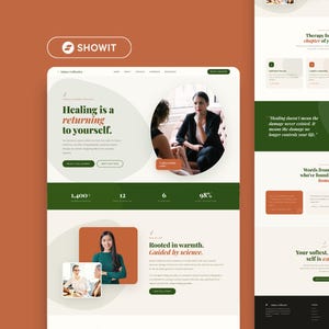 May include: A website design with a warm color palette, featuring the Showit logo. The site promotes therapy services, with text like "Healing is a returning to yourself." and "Therapy for every chapter of your life."