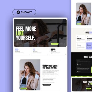 Puede incluir: Un diseño de sitio web con fondo morado claro, texto en blanco y negro y detalles en verde lima. La interfaz incluye secciones para servicios, testimonios de clientes e información sobre terapia con fotografías de una persona.