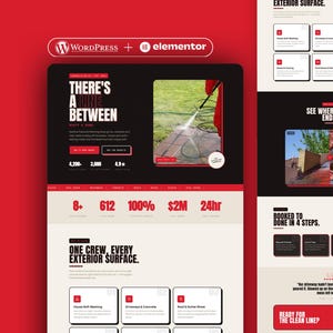 May include: A digital landing page design for a pressure washing service featuring a red and black color scheme. The layout includes the text There's a line between, service categories, statistics, and a split-screen image showing a roof cleaning process.