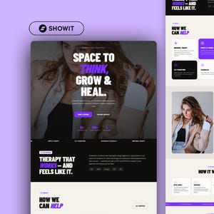 Puede incluir: Un diseño de interfaz de sitio web con un esquema de color púrpura y negro y el texto Space to Think, Grow & Heal. El diseño incluye secciones para servicios de terapia, una imagen principal de una persona y botones de navegación.