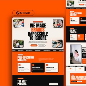 May include: A website design with an orange and black color scheme. The text reads "WE MAKE BRANDS IMPOSSIBLE TO IGNORE" and "FULL-SPECTRUM CREATIVE". The Showit logo is in the top left corner. The website showcases design services.