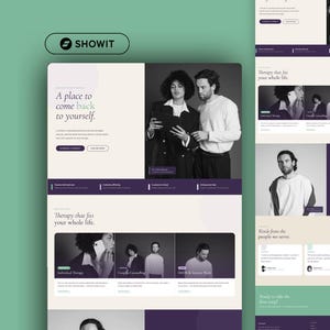 Puede incluir: Una plantilla de diseño web con una paleta de colores suaves en crema, morado oscuro y verde salvia. El diseño incluye fotografías en blanco y negro de personas, tipografía serif y botones con el texto Showit, A place to come back to yourself.