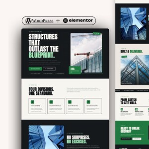 May include: A website landing page template for a construction company featuring a dark theme with green accents. The layout includes sections for project highlights, service divisions, and process steps with text like Structures That Outlast The Blueprint.