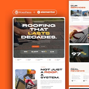 May include: A website design layout for a roofing company featuring orange and white branding. The page displays text including Roofing That Lasts Decades, Our Services, and Real Reviews, alongside images of workers installing shingles and roofs.