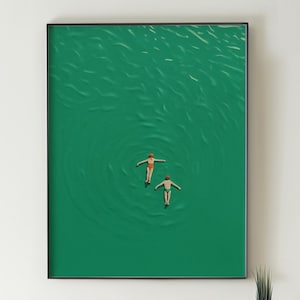 Minimalistische kleine Leute schwimmen Kunstdruck, kleine Leute schwimmen im grünen Wasser, trendige Küstenwandkunst für modernes Badezimmer oder Küstendekor