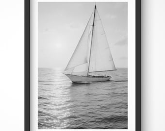 Sailboat Print, Nautical Wall Art, Coastal Wall Decor, Vintage Nautical Poster, Beach House Decor, Ocean Art Print, Black and White Photo