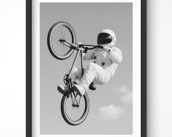 Astronaut Riding Bike Wall Art, Vintage Space Poster, Retro Astronaut Print, Boys Room Decor, Masculine Wall Art, Black and White Astronaut