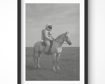 Cowboy Astronaut Poster, Cowboy Wall Art, Vintage Space Art Poster, Western Bathroom Wall Decor, Black and White Art, Retro Astronaut Poster