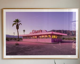 Pink Vintage Diner in the Desert, Western Wall Art, Southwestern Wall Decor, Desert Landscape Poster, Retro Motel Sign, Roadside Remains
