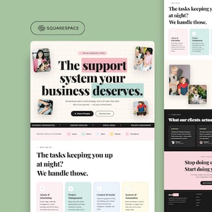 Könnte beinhalten: Ein Squarespace-Webdesign, das ein Business-Support-System präsentiert. Das Design hat einen hellgrünen Hintergrund mit rosa und blauen Akzenten. Der Text lautet "Das Support-System, das Ihr Unternehmen verdient." und "Die Aufgaben, die Sie nachts wach halten? Wir erledigen sie."