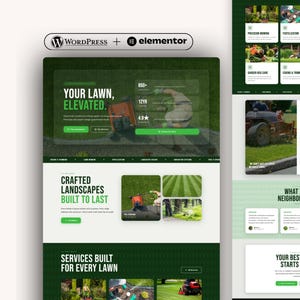 May include: A website design template for a landscaping business featuring the text Your Lawn, Elevated, Crafted Landscapes Built To Last, and Services Built For Every Lawn. The layout includes green and white sections with imagery of lawn care.