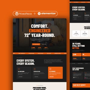 May include: A website design with a black and orange color scheme. The text includes "COMFORT. ENGINEERED 72° YEAR-ROUND." and "EVERY SYSTEM. EVERY SEASON." The design features sections for air conditioning, heating systems, and emergency services.