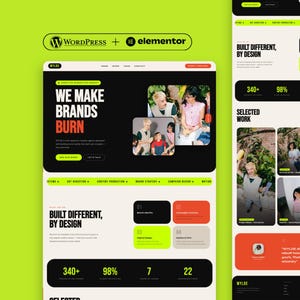 Könnte beinhalten: Webdesign mit limettengrünem Hintergrund. Das Design zeigt den Text "WE MAKE BRANDS BURN" und "BUILT DIFFERENT, BY DESIGN". Die Website enthält auch Bilder und numerische Daten. Die Logos von WordPress und Elementor sind sichtbar.
